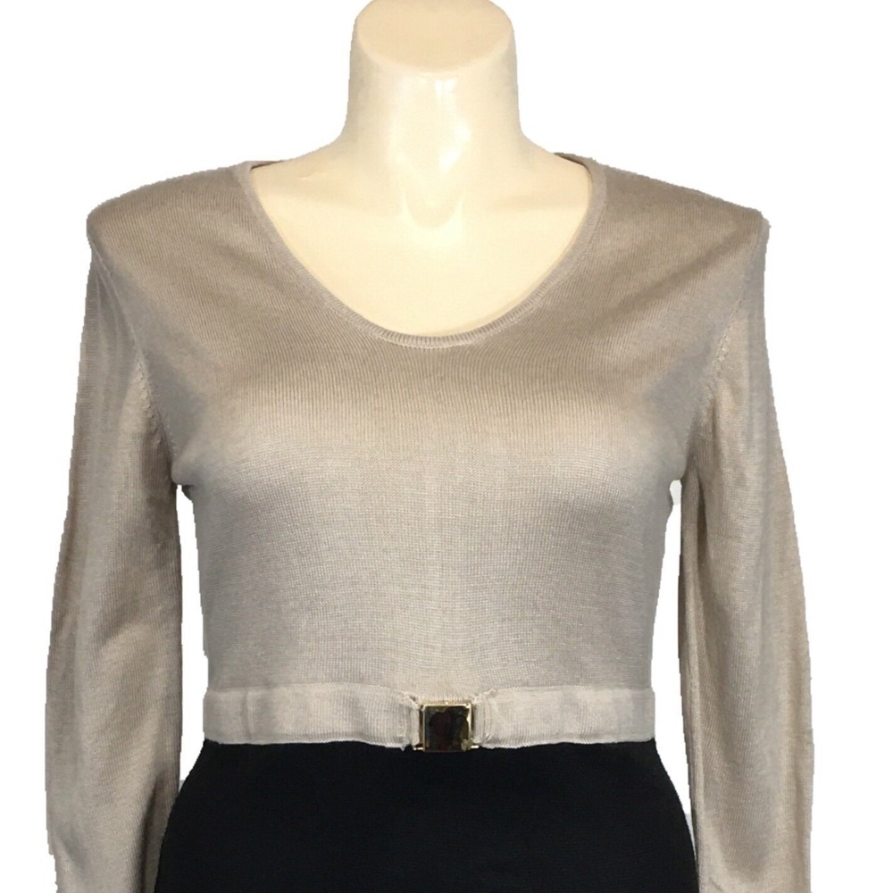 NWT Calvin Klein Dress LARGE Beige Black Color Block Knit Long Sl Buckle Work - Picture 2 of 5